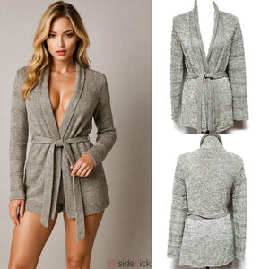 Vintage J. Jill Tan Gray Silk Blend Ribbed Knit Rolled Trim Tie-Waist Cardigan